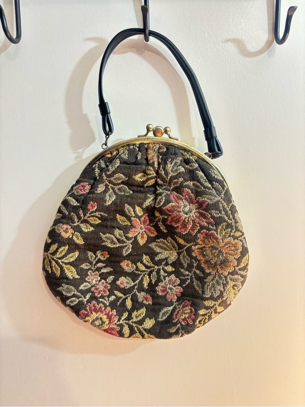 Vintage Black Floral Tapestry Clutch with Gold Frame